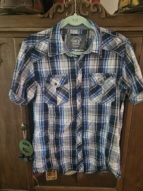 🔥 BKE Buckle Blue Plaid Thick Stitch Western Short Sleeve Button Up Shirt Sz M